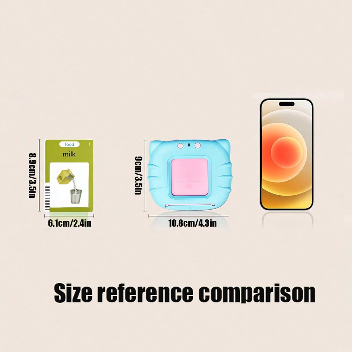 Size comparison: a card at 6.1 by 8.9 cm, the reader at 10.8 by 9 cm, next to a mobile phone